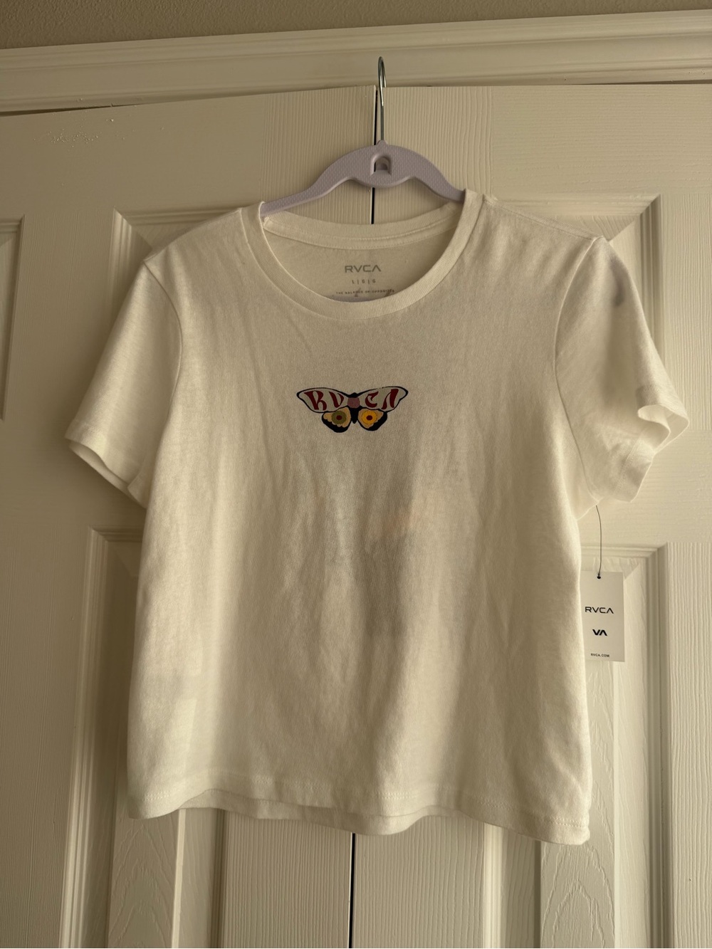 RVCA White Short Sleeve Tee with Small Butterfly Graphic